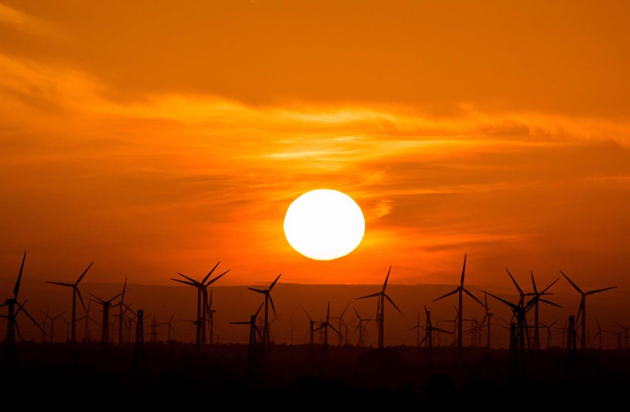 Coucher de soleil sur les éoliennes.
