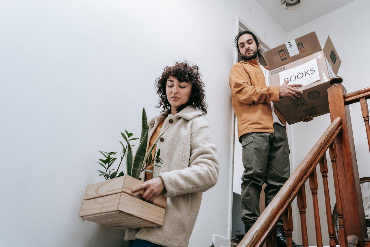 Couple carrying moving boxes and plants.