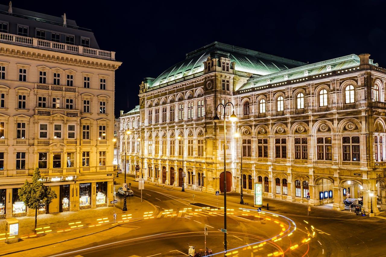 Vienna State Opera at night.
